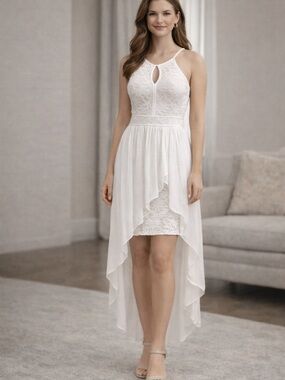 Morgan & Co. White Lace High-Low Halter Dress